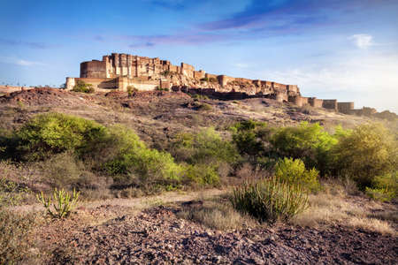 Mehrangarh fort view from the Rao Jodha Desert park at blue sky in Jodhpur, Rajasthan, Indiaのeditorial素材