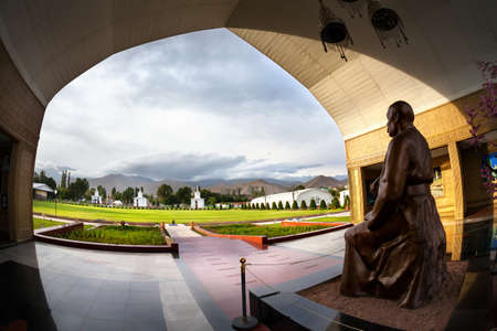 Statue in Ruh Ordo cultural complex near Issyk Kul lake at overcast sky in Cholpon Ata, Kyrgyzstanのeditorial素材