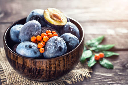 Plums and ash berries in wooden bowl on the table in autumn timeの写真素材