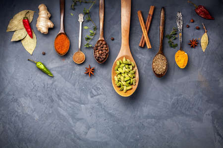 Various Spices like turmeric, cardamom, chili, bayberry, bay leaf, ginger, cinnamon, cumin, star...