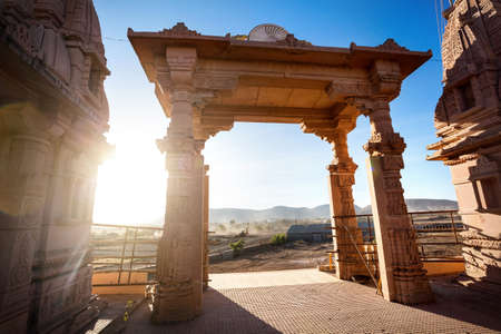 Indian temple arch at sunset in Nasik, Maharashtra, Indiaの写真素材