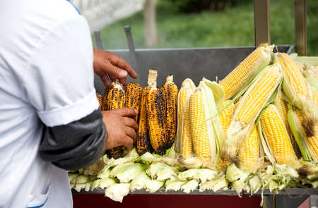 Fresh boiled and roasted corn is famous street food of Istanbul, Turkeyの写真素材