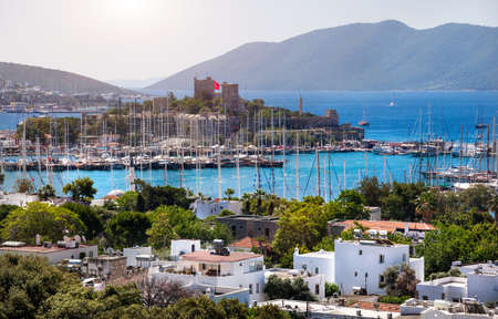 View of Bodrum, Marina Harbor and ancient castle in Aegean sea in Turkeyのeditorial素材