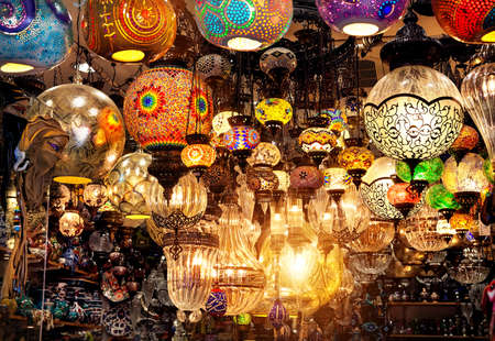Colorful bright lamps hanging at the shop of Grand Bazaar in Istanbul, Turkey
