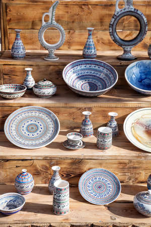 Ceramic Turkish pot, plates and cup at Goreme market in Cappadocia, Turkey