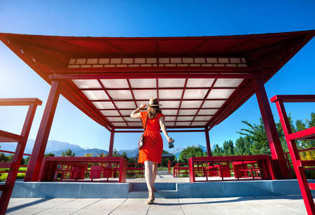 Woman in orange dress with camera going to the Japanese Pagodaの写真素材