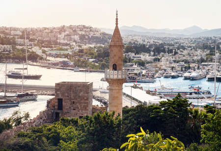 Mosque with tower at Bodrum Castle museum and view to harbor in Turkeyのeditorial素材