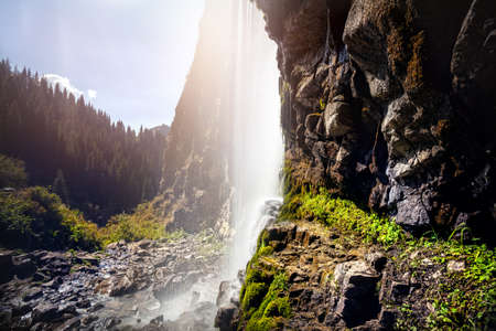 Beautiful waterfall in the mountain valley, Kazakhstan, Central Asiaの写真素材