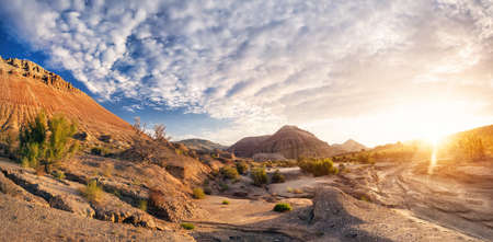 Altyn Emel National Park with Aktau mountains at beautiful sunset in Kazakhstanの写真素材