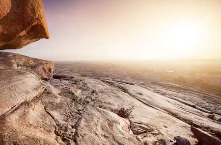 Extinct volcano Bektau Ata in the desert at beautiful sunset of eastern Kazakhstanの写真素材