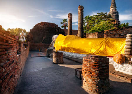 Big Lying Buddha statue in Wat Yai Chai Mongkol monastery in Ayuttaya, Thailandの写真素材