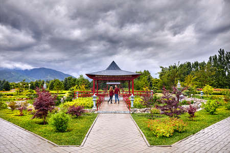 Young Couple in red checked shirts holding by hands and going to the Japanese Pagoda garden at rainy overcast skyのeditorial素材