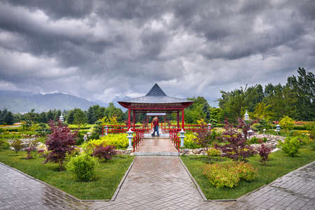 Young Couple in red checked shirts hugging each other near Japanese Pagoda garden at rainy overcast skyのeditorial素材