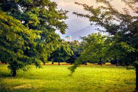 Monument with column at mountains background in the park of first n Almaty, Kazakhstanの写真素材