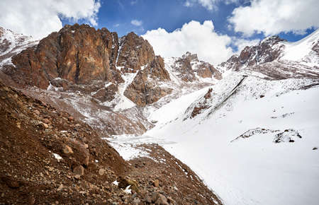 Mountain lake in the snowy mountain Lake of Zaili Alatay in Almaty, Kazakhstan