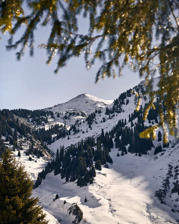 High snowy mountain Furmanovka at Zaili Alatay range in Almaty, Kazakhstan