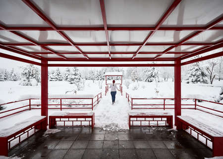 Woman in gray pullover is running in winter Japanese garden with red pagoda at heavy snowfall in city park of Almaty, Kazakhstanの写真素材