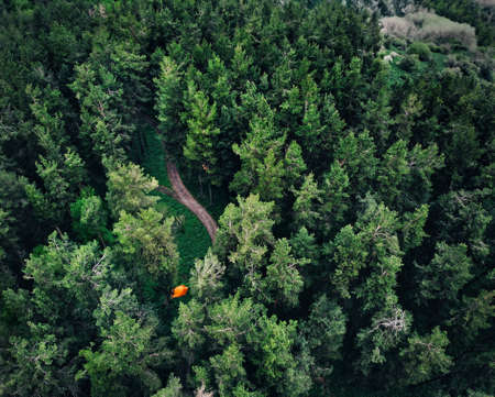 Aerial view of orange tent at forest in the mountains. Photo taken with Droneの写真素材