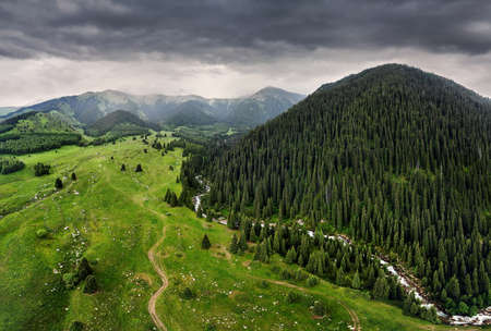 Aerial view of the mountain valley with lush forest. Photo taken with Droneの写真素材