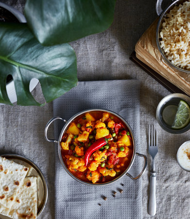 Aloo gobi traditional Indian food from cauliflower and potato decorated with red chili served with brown rice, dahi, lemon water and chapati on the table near Monstera leavesの写真素材