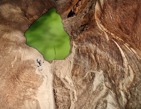 Aerial top view of the lake in Tien Shan mountains in Almaty Kazakhstan.の写真素材