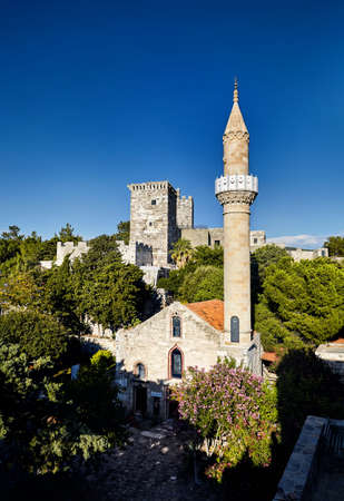 Famous Mosque with tower at Bodrum Castle museum near sea in Turkeyのeditorial素材