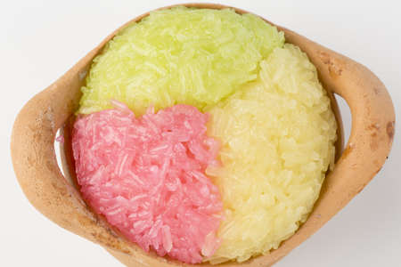 Colorful sticky rice, Thai dessert in clay pottery ceramicの写真素材