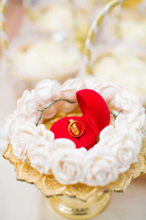 Wedding ring in red gift boxの写真素材