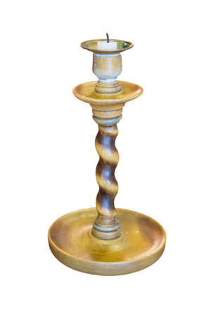 old candle wooden candlestick. Isolated on a white background.の写真素材