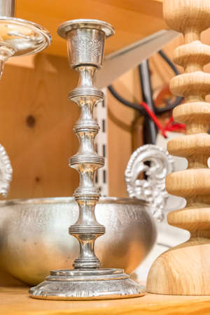 Antique silver candlestick isolated on white backgroundの写真素材