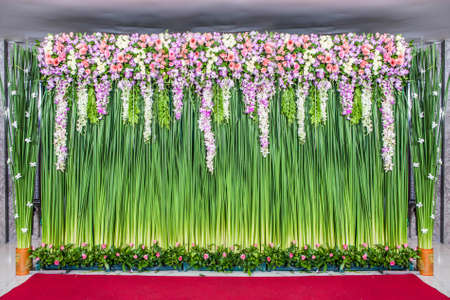 backdrop flowers arrangement for wedding ceremonyの写真素材