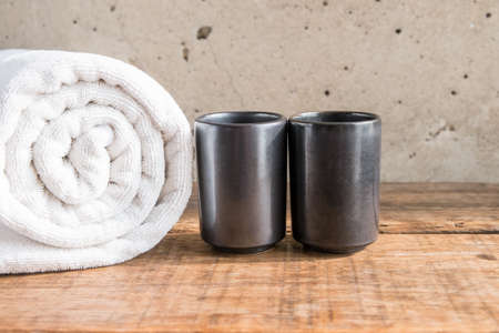 Stacked white spa towelsの写真素材