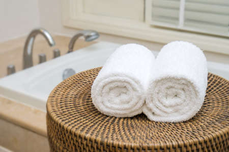 Stacked white spa towelsの写真素材