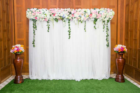 backdrop flowers arrangement for wedding ceremonyの写真素材