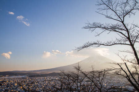 Mountain Fuji in winter sunrise at Fujiyoshida, Japanの写真素材