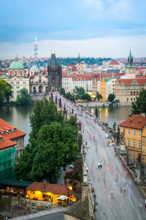 Pargue at dusk, view of the Lesser Bridge Tower of Charles Bridgの写真素材
