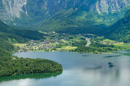 Aerial view of Hallstatt village in Alps, Austriaの写真素材