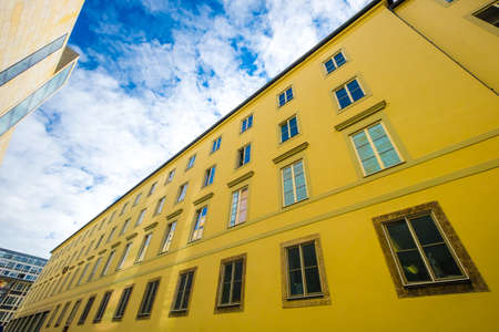 Yellow biilding with blue sky in Munich, Germanyのeditorial素材
