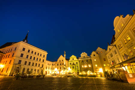 Medieval buildings around town square at twilight, Cesky Krumlov, Czech Republicのeditorial素材