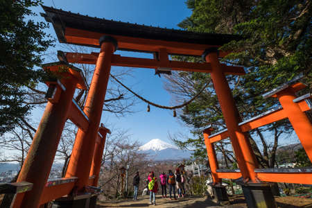 Mt. Fuji with red pagoda in spring, Fujiyoshida, Japanのeditorial素材