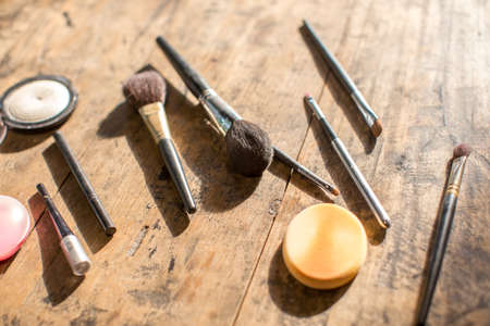 makeup tool on wooden backgorundの写真素材
