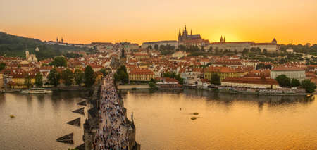 panorama of Prague with red roofs from above summer day at dusk, Czech Republicのeditorial素材