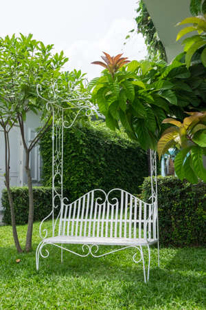 classic outdoor garden wooden hanging chairの写真素材