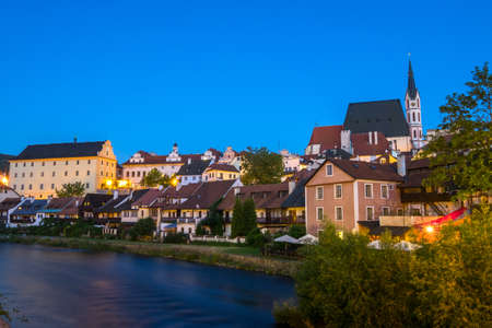 Beautiful view to tower and castle in Cesky Krumlov in twilght, Czech republicのeditorial素材