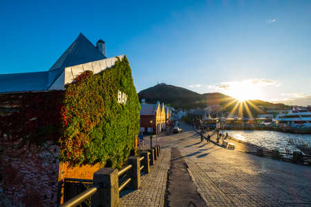 The Kanemori Red Brick Warehouse in Hakodate port at sunsetのeditorial素材