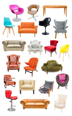 Set of different table and chair furniture. Collage of side and front views of table and chairの写真素材