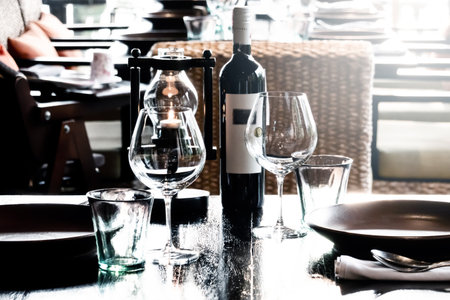 Close up picture of empty glasses in restaurantの写真素材