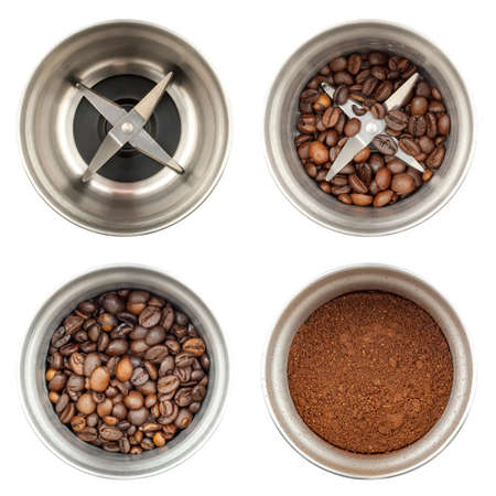 Set of four photos of a coffee grinder, top view: an empty, a coffee grinder with whole coffee beans with different levels of filling, with ground coffee. Isolated on white backgroundの写真素材