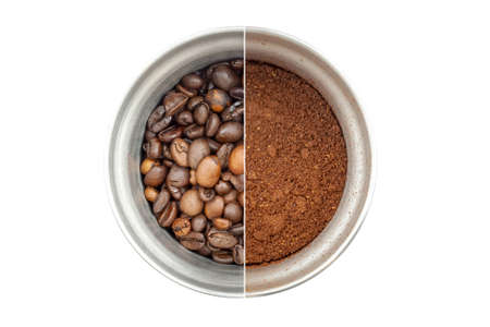 Collage of two photos of a steel coffee grinder, top view: with whole coffee beans and with ground...