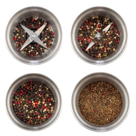 Set of four photos of a modern pepper grinder, top view: a pepper grinder with four types of pepper grain mix with different levels of filling, with ground pepper. Isolated on white backgroundの写真素材